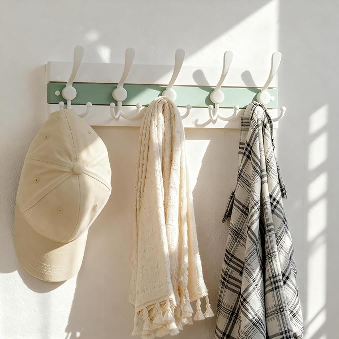 SKOLOO Coastal Wall Mounted Coat Rack - 17" Beach House Entryway Wooden Coat Hook with 5 Hooks for Hanging Coats, Hats or Towels, Oceanfront Cottage Core Collection, White & Green