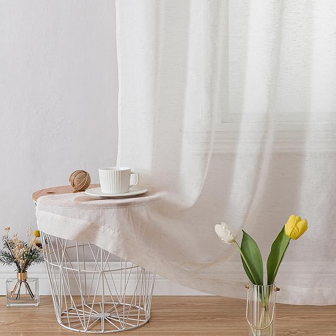 OWENIE Natural Linen Blend Sheer Curtains 72 inches Long 2 Panels Set for Bedroom, Light Filtering Farmhoues Door Curtain for Living Room Drapes, Each 40 W x 72 L