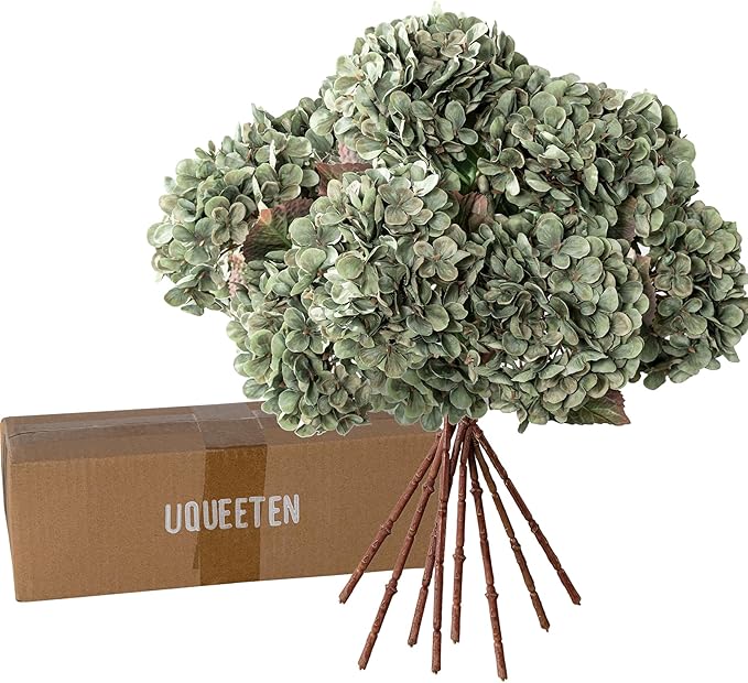 Artificial Flower Fake Silk Hydrangea Heads Bouquet with Stems Bulk for Fall Decoration Table Center Christmas Indoor Outdoor Faux Floral Realistic with Leaves Plants Crafts 8PCS (Green)