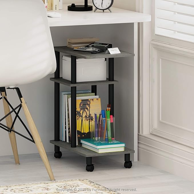 Furinno Turn-N-Tube C Shaped Side Table with Casters, French Oak Grey/Black