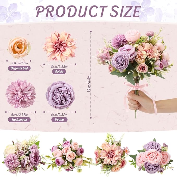 Zeyune 12 Bundles Artificial Peonies Flowers Artificial Silk Rose Faux Dahlia Fake Chamomile Hydrangea Bouquet Bulk for Vase Home Wedding Centerpiece Party Decoration(Lavender Blush,Misty Lavender)