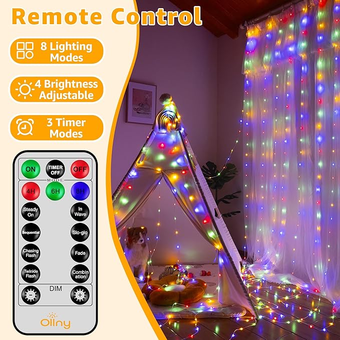 Ollny Curtain Lights 300 LED 9.8FT x 9.8FT, Connectable IP67 Waterproof Outdoor Christmas Curtain Lights with Remote, Plug-in Untangle Fairy Lights with 8 Modes&Timers for House Decor(Multicolored)