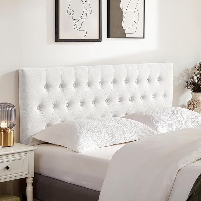 Tufted Upholstered Headboard Twin Size, Solid Wood Head Board with Durable Metal Legs, Adjustable Height Twin XL headboard from 37” to 51” Fabric Headboard in Modern Button Design, White
