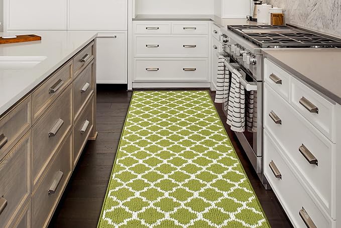 Custom Size Moroccan Trellis Runner Rug Mat for Wide Hallway Entryway Kitchen Laundry Room with Slip Resistant Latex Rubber Backing, Trellis Green, 31 inch X 15 feet