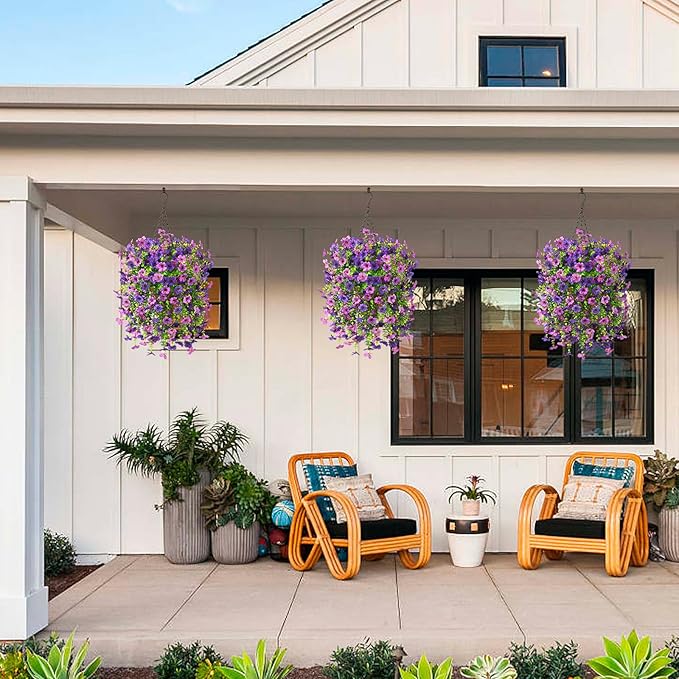 Artificial Fake Hanging Plants Flowers Baskets for Outdoor Outside Spring Decor,Faux Silk Daisy UV Resistant Look Real Summer Decorations for Home Porch Patio Yard Garden(Mix Purple