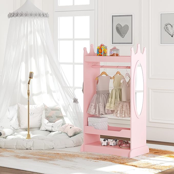UTEX Kids Dress up Storage with Mirror,Costume Wardrobe for Kids, Open Hanging Armoire Closet,Pretend Storage Closet, Costume Storage Dresser (Pink)