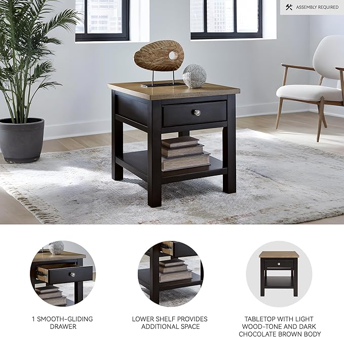 Signature Design by Ashley Drazmine Casual End Table with 1 Lower Shelf, Light Brown & Black