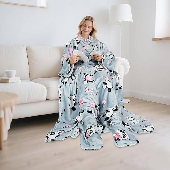 Catalonia Panda Print Wearable Blanket with Sleeves and Foot Pocket – Ultra-Soft Warm Fleece Long Throw Snuggly Blanket for Sleeping & TV Time – Cozy Christmas Gift for Women & Men