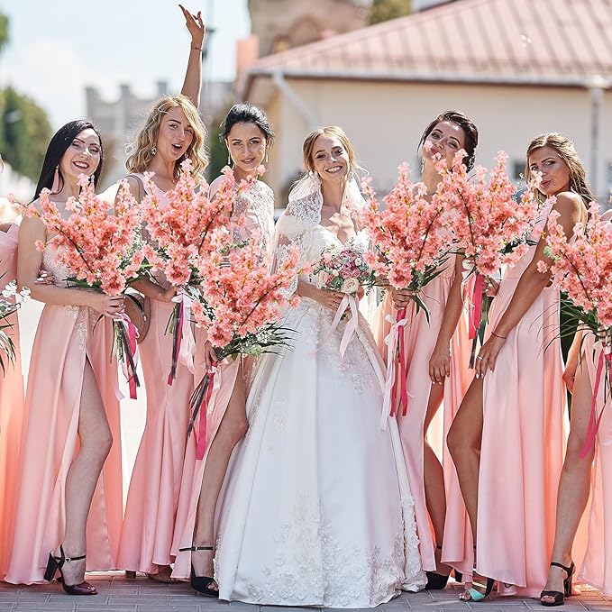 Giegxin Set of 8 Silk Cherry Blossom Branches Cherry Blossom Tree Stems Long Stem Artificial Flowers for Tall Vase Flowers for Home Wedding Vase Floral Arrangements, 39.37 Inch (Pink)