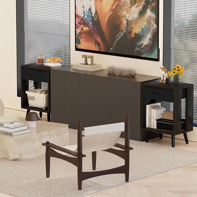GYIIYUO Nightstands Set of 2 with Fabric Storage Drawer and Open Wood Shelf, Side Table with Storage for Bedroom, Night Stand with Drawer for Bedroom, Bedside Tables - Black 24" H