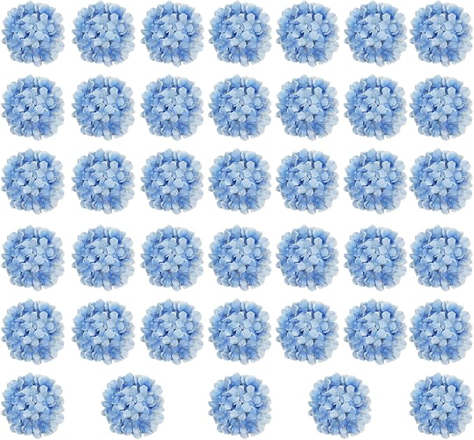 Blue Hydrangea Artificial Flowers Bulk, 40 Pcs Faux Hydrangea Flowers Heads, Artificial Fake Silk Hydrangea Flowers with Stems, Blue Flowers Artificial for Decoration Wedding Décor