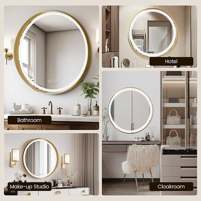 Gold Round Mirror 28 Inch, Metal Framed Frontlit Bathroom Mirror, Circle Mirrors for Wall, Led Light Mirror with Anti-Fog, Memory Function, 3 Color Temperature, Dimmable Makeup Mirrors