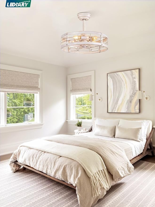 LEDIARY 20 Inch Fandelier Caged Ceiling Fan with Light, Bladeless Ceiling Fan with Remote, Small Farmhouse Fan Lights Ceiling Fixtures for Kitchen, Bedroom-White and Gold