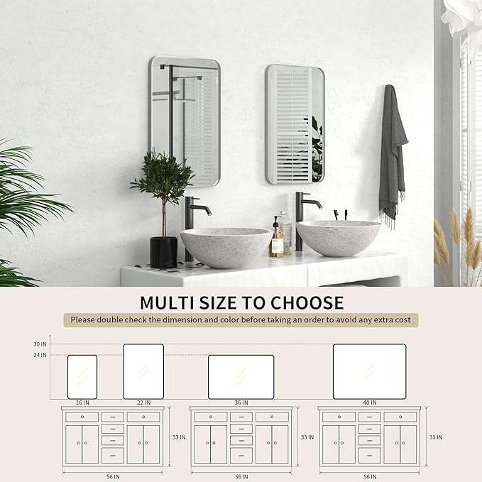 PAIHOME 16x24-Inch Brushed Nickel Bathroom-Vanity-Mirror for Wall - 304 Stainless Steel Silver Frame Bathroom Mirrors, Rectangle Farmhouse Mirror, Vertical Or Horizontal Hanging Modern Mirror