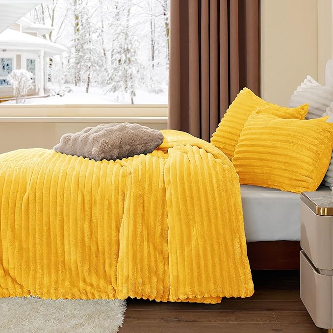 BEDELITE Fleece Twin Comforter Set -Super Soft & Warm Fluffy Bright Yellow Bedding, Luxury Fuzzy Heavy Bed Set for Winter with 1 Pillow case