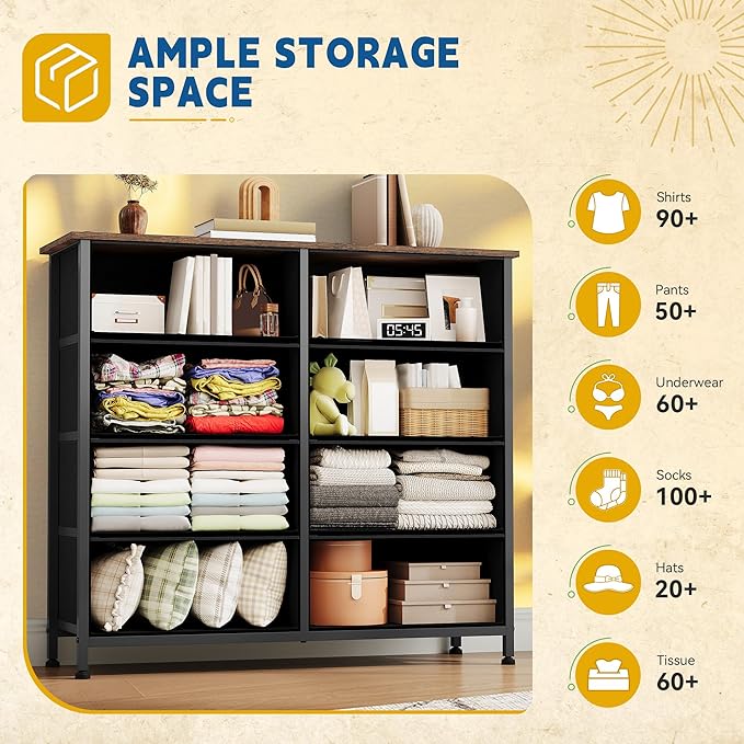 DWVO 8 Drawers Fabric Dresser, Furniture Storage Tower Cabinet, Organizer for Bedroom, Living Room, Hallway, Closet, Sturdy Steel Frame, Wooden Top, Easy-to-Pull Fabric Bins