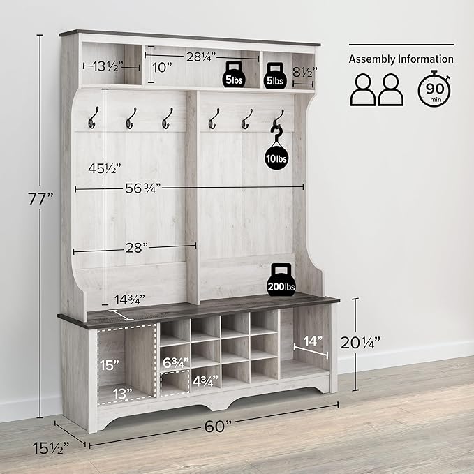 Prepac Farmhouse Washed White Hall Tree, Shoe Cabinet, Storage Cabinet with 12 Shoe Cubbies, 2 Boot Cubbies and 6 Double Coat Hooks 15.5" D x 60" W x 77" H