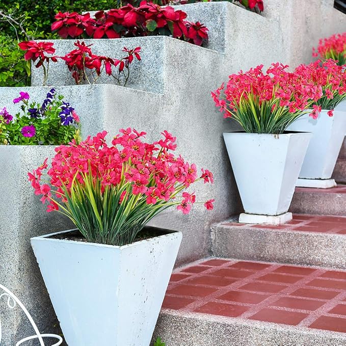 20 Bundles Artificial Flowers Outdoor UV Resistant Fake Flowers No Fade Faux Plastic Plants Garden Porch Window Box Decorating(Rose Red)…