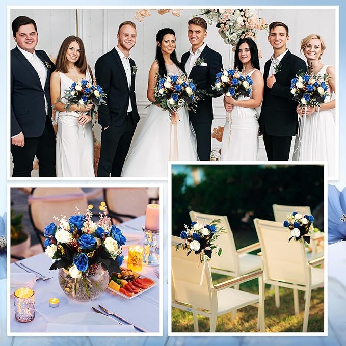 Hotop 24 Bunches of Artificial Flowers Centerpiece 13 Inches Silk Faux Roses Bouquets for Table Decoration Realistic Bouquet Arrangement Boho Faux Flowers for Wedding (Dark Blue)