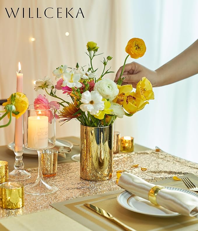 Gold Candle Holder Hurricane Candle Cylinder Vases for Centerpieces Set of 6 for Wedding Table Centerpiece