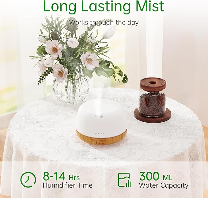 ASAKUKI Essential Oil Diffuser, 300ml Ultrasonic Aromatherapy Oil Humidifier with 7 Colors Lights 2 Mist Mode for Home