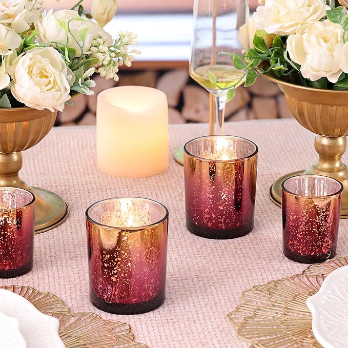 Volens 12pcs Assorted Burgundy Votive Candle Holders, Large Speckles Mercury Glass Votive & Tealight Candle Holder Bulk for Wedding Table Centerpiece, Burgundy and Gold Themed Party Decorations