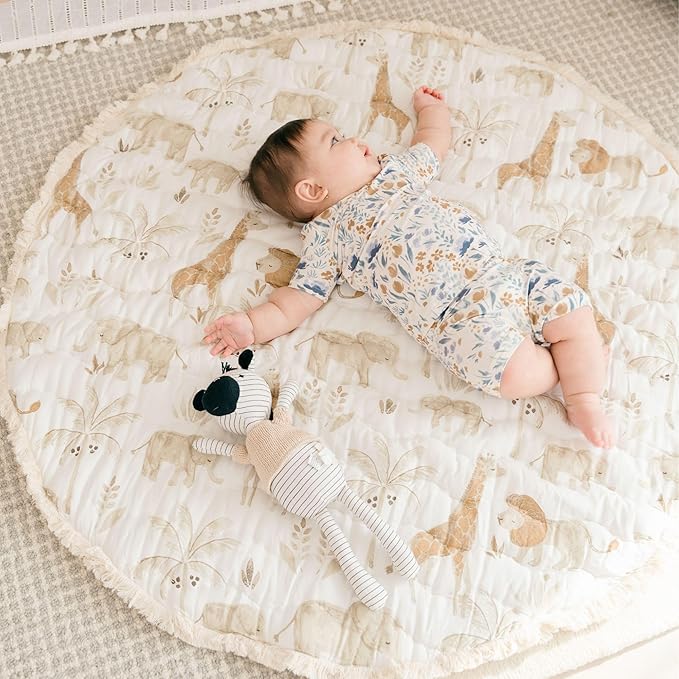 Crane Baby Safari Baby Tummy Time Activity Mat 40"X40", Reversible Floor Play Mat for Boys and Girls, Jungle Nursery Decor
