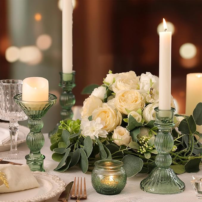 DARJEN 2 Pcs Green Candlestick Holders - Vertical Stripe Glass Candle Holders for Taper and Votive Candles, Taper Candle Holder for Home, Wedding, Decor & Table Centerpieces