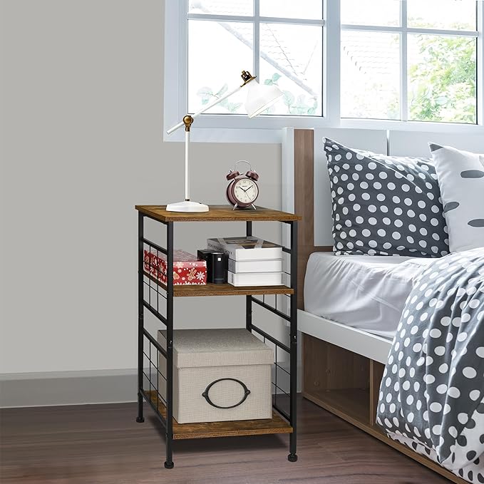 GIOTORENT 3-Tier Tall End Table, Narrow Night Stand with #-Design Sturdy Frame, Small Bed Side Table for Small Space in Living Room,Bedroom,Office,Bathroom(Brown)