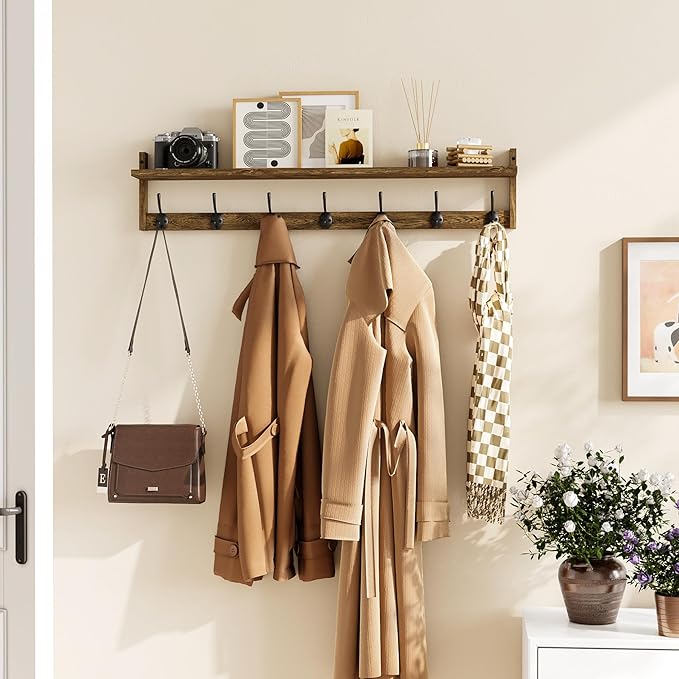 BAMEOS 35" L Wooden Coat Rack Wall Mount, Large Wall Coat Hooks with Shelf, Wall Hanging Shelf with 7 Dual Metal Hooks for Entryway, Bathroom, Kitchen, Living Room, Bedroom