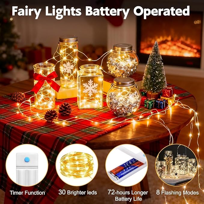 YJFWAL 12 Pack 30 LED Fairy String Lights with Timer Function, Waterproof Fairy Lights Wire Lights,Battery Operated Firefly Lights(AAA Batteries Included),for Patio,Garden,Wedding Decor (Warm White)