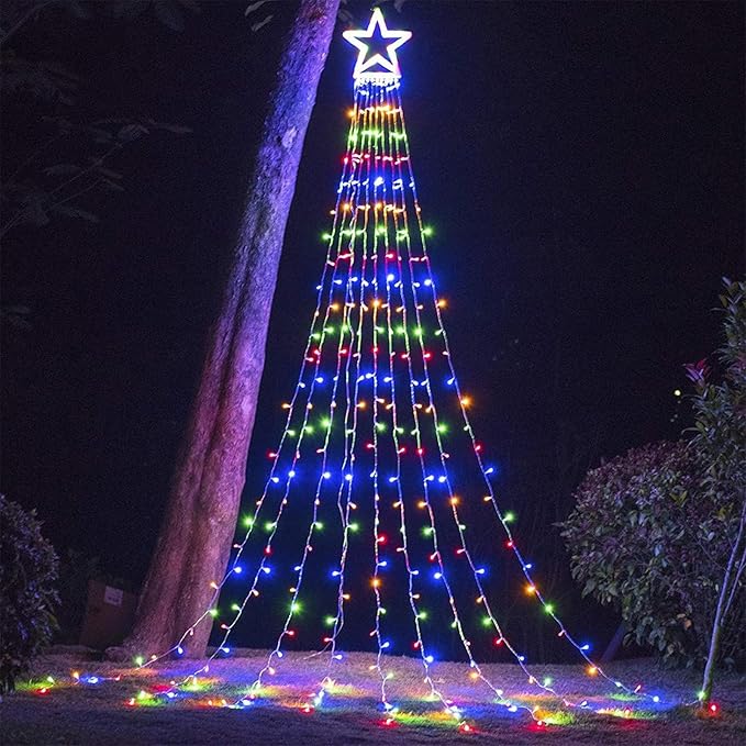FUNIAO (New) Christmas Lights, Outdoor Christmas Decorations, 320 LED Waterfall String Lights, 8 Light Modes Chrsitmas Lights with 12" Star Tree Topper for Yard, Wedding, Party, New Year (Multicolor)