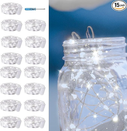 15 Packs Fairy String Lights, 6.6FT 20 LED Battery Operated Silver Copper Wire Starry String Light for DIY Party Christmas Costume Wedding Easter Table Decorations (Cool White)