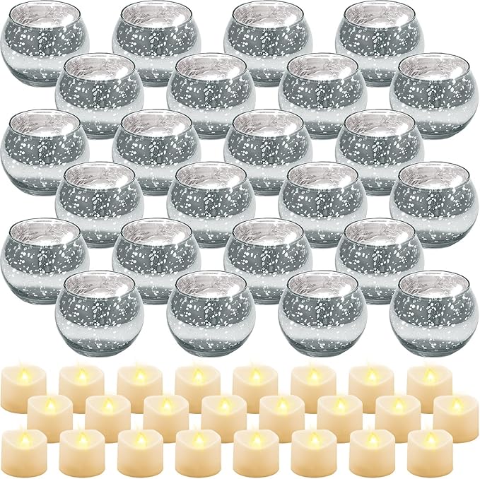 Rtteri 24 Set Votive Candle Holders Wedding Centerpiece Table Decorations Speckled Mercury Glass Votive Candle Holders with Tea Lights Birthday Party Decorations for Home (Silver)