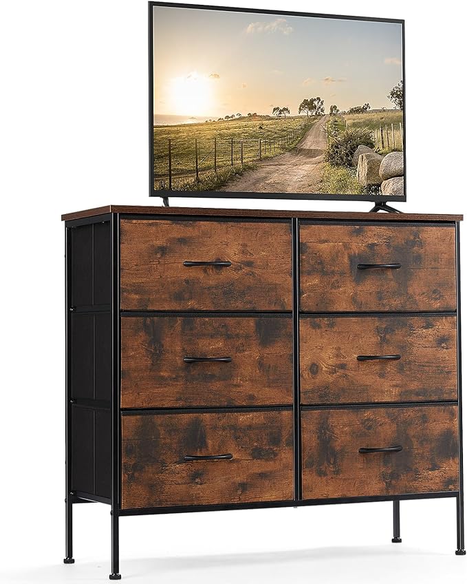 DUMOS TV Stand for Living Room, Dresser for Bedroom Chest of Dresser with 6 Fabric Drawers Storage Organizers Units, Nightstand for Bed