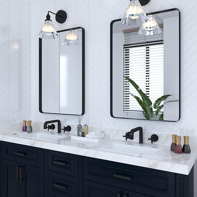 VocalStar Black Bathroom Mirror for Wall, 24 x 36 Inch Rounded Rectangle Metal Framed Bathroom Wall Vanity Mirror Farmhouse, 1/4-inch Shatterproof Glass | Ultra-Flush Hanging