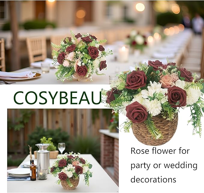Artificial Flowers 25pcs Fake Roses, Burgundy Foam Rose Faux Flower for DIY Wedding Bouquets Bridal Shower Centerpieces Floral Arrangements Home Decorations Party Backdrops Table