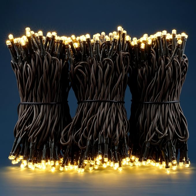 YULETIME 100 ft 300 Count Warm White LED String Lights with 8 Models Adapter, Brown Wire Wide Angle 5mm Christmas Lights (Warm White - Brown Wire)