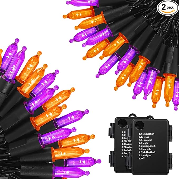 KOUQIYA Battery Halloween Lights, 2 Pack Total 100 LED 17ft Mini String Light with Auto-Timer 8 Modes Waterproof Tree Lights (Orange&Purple, 50 LEDs x 2 Pack)
