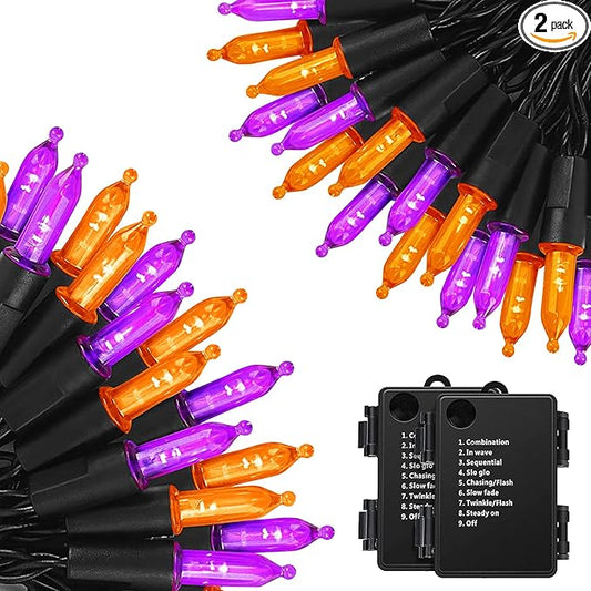 KOUQIYA Battery Halloween Lights, 2 Pack Total 100 LED 17ft Mini String Light with Auto-Timer 8 Modes Waterproof Tree Lights (Orange&Purple, 50 LEDs x 2 Pack)