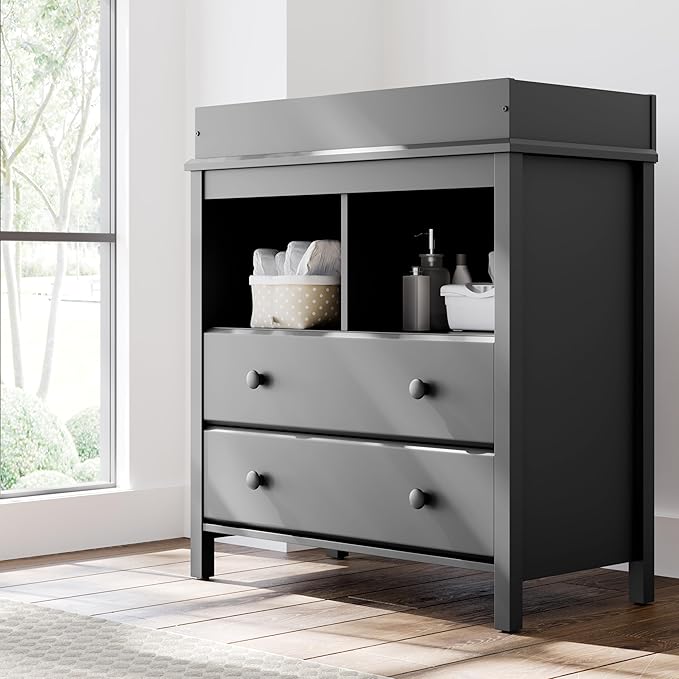 Storkcraft Alpine 2 Drawer Changing Table Chest (Gray) - Attached Changing Table Topper Fits Any Standard-Size Baby Changing Pad, 2 Drawers, 2 Shelves for Extra Nursery Storage, Easy to Assemble