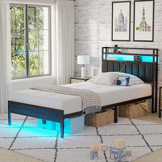 Twin Size Bed Frame with Charging Station and LED Lights, Metal Bed Frame with Headboard, Black Upholstered Headboard with 2-Tier Storage Shelves, Noise Free, No Box Spring Needed, Black