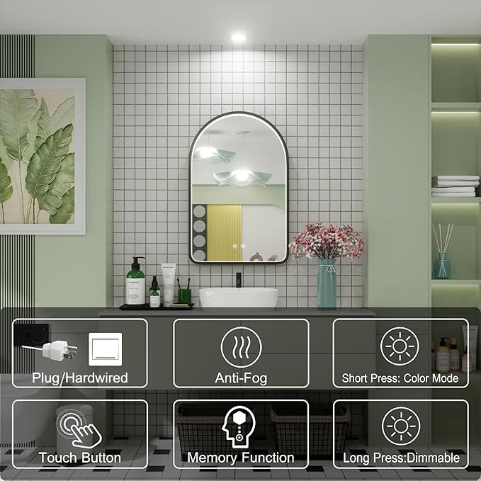 20x30 Inch Arched LED Bathroom Mirror with Lights, Adjustable 3000K/4500K/6000K, Wall Mounted Black Frame Lighted Bathroom Vanity Mirror, Anti-Fog, Dimmable, Memory Function