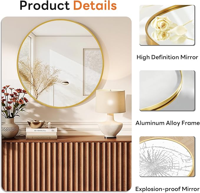 Sweetcrispy Round Bathroom Mirror 30 Inch Gold Metal Framed Wall Mounted Circle Vanity Mirror for Bathroom, Bedroom, Living Room, Entryway, Anti-Rust, Modern Decorative, Hanging or Leaning