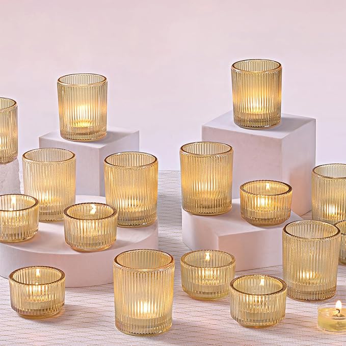 20pcs Ribbed Gold Votive Candle Holders, Assorted Tea Light Candle Holder Glass for Wedding Table Decor, Gold Candle Holders for Table Centerpieces, Diwali, Brithday, Party and Holiday Decor