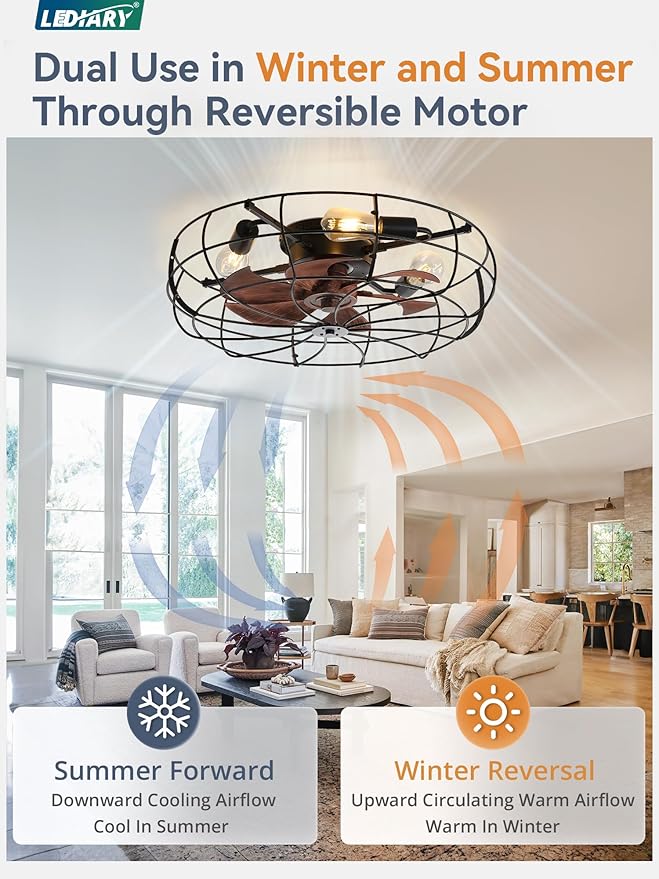 LEDIARY 23 Inch Large Caged Ceiling Fan with Light, Flush Mount Low Profile with Remote Control, Farmhouse Industrial Bladeless Fan Light for Bedroom, Kitchen, Indoor