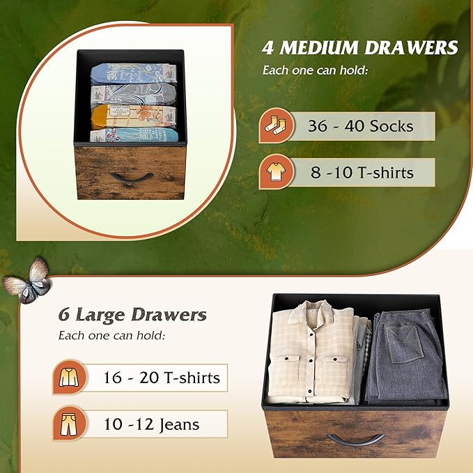 WLIVE Dresser for Bedroom with 10 Drawers, Wide Fabric Dresser for Storage and Organization, Bedroom Dressers, Chest of Drawers for Living Room, Closet, Hallway, Rustic Brown Wood Grain Print