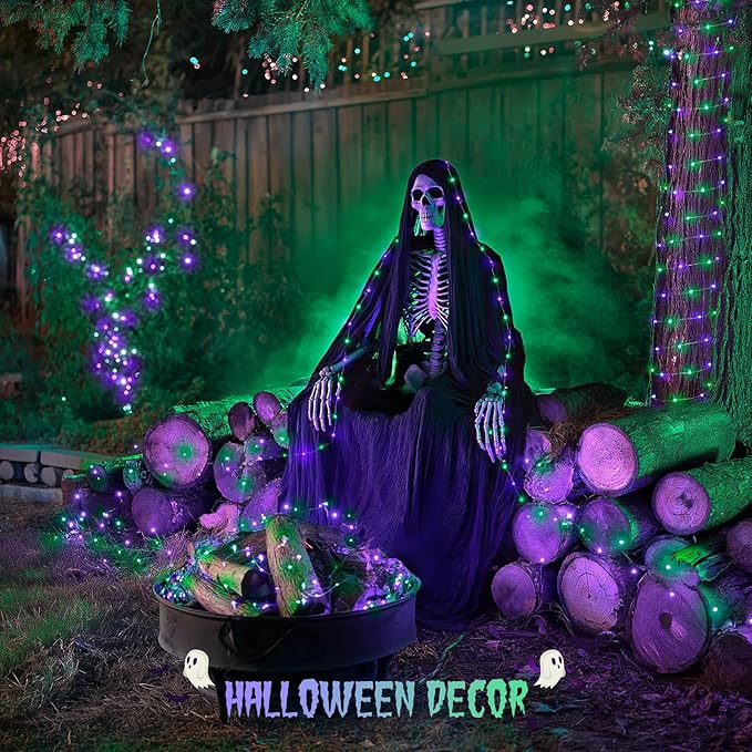 JMEXSUSS 2 Pack Purple and Green Fairy Lights Battery Operated, Total 200 LED 66ft Halloween Lights with Remote, 8 Modes Twinkle String Lights for Fireplace Mantel Porch Tree Centerpiece Wreath Decor
