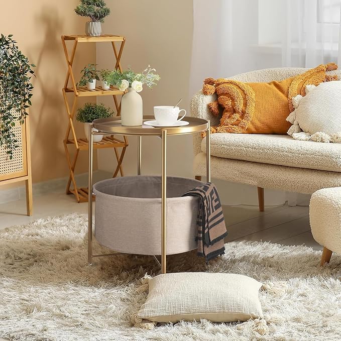 danpinera Round Side Table with Fabric Storage Basket, Metal Side Small Bedside Table Nightstand with Removable Tray Top for Living Room, Bedroom, Nursery, Bathroom, Gold