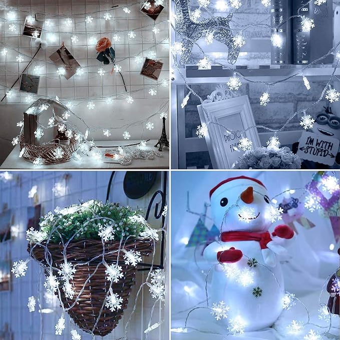 BrizLabs White Snowflake Christmas String Lights, 16.08ft 40 LED Christmas Lights with Remote, Snowflake String Light Battery Operated, 8 Modes Xmas Tree Light Waterproof for Outdoor Indoor Decoration